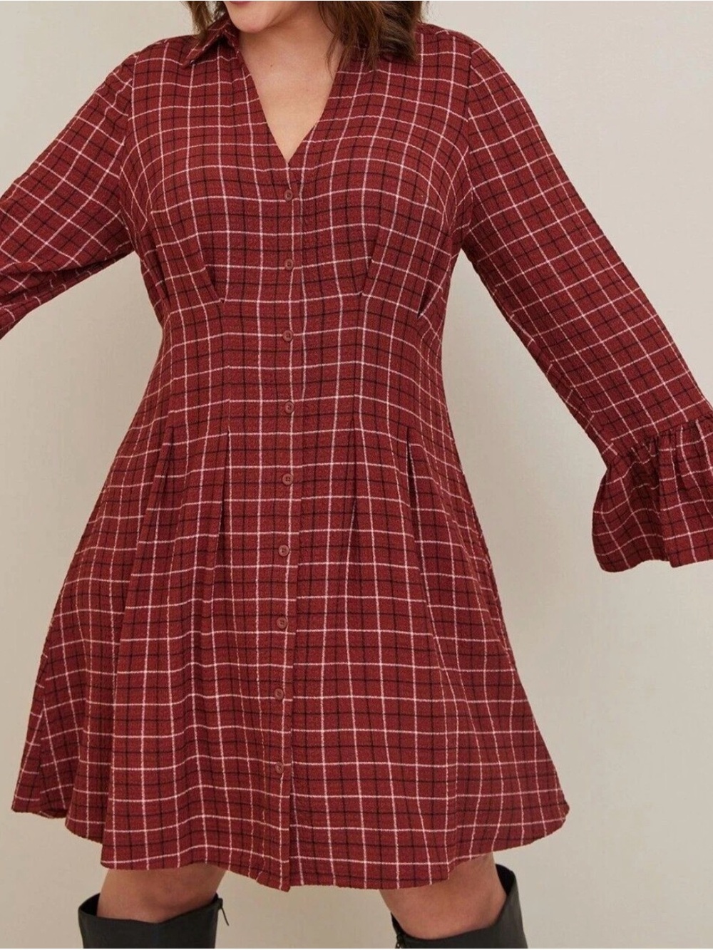 Torrid Mini Gauze Bell Sleeve Shirtdress Plaid Rust color size 2X